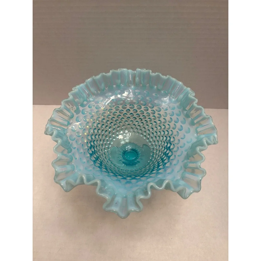 Fenton Blue Opalescent Hobnail Glass Ruffled Compote Pedestal‎ Candy Dish 8